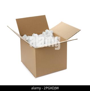 Cardboard box with styrofoam cubes isolated on white Stock Photo