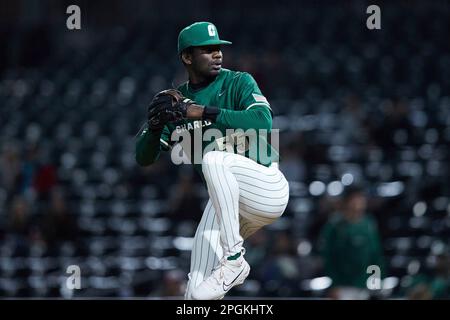 Charlotte 49ers relief pitcher Donye Evans (55) in action against the South  Carolina Gamecocks at Truist Field on March 21, 2023 in Charlotte, North  Carolina. (Brian Westerholt/Four Seam Images via AP Stock