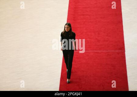 Brussels, Belgium. 23rd Mar, 2023. Finnish Prime Minister Sanna Marin arrives for the European Council meeting at the EU headquarters in Brussels, Belgium, March 23, 2023. Credit: Zheng Huansong/Xinhua/Alamy Live News Stock Photo