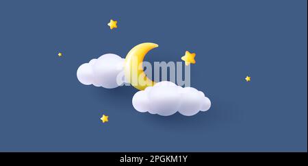 Good night and sweet dreams 3d illustration with yellow crescent and soft clouds with stars Stock Vector