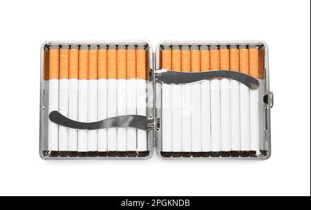 Stylish case with cigarettes isolated on white Stock Photo