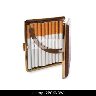 Stylish case with cigarettes isolated on white Stock Photo