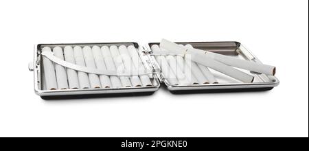 Stylish case with cigarettes isolated on white Stock Photo