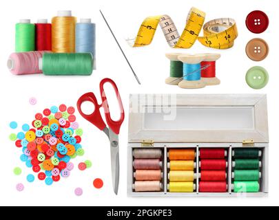 Set with different sewing supplies on white background Stock Photo