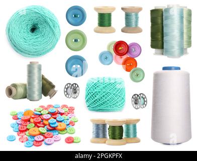 Set with different sewing supplies on white background Stock Photo