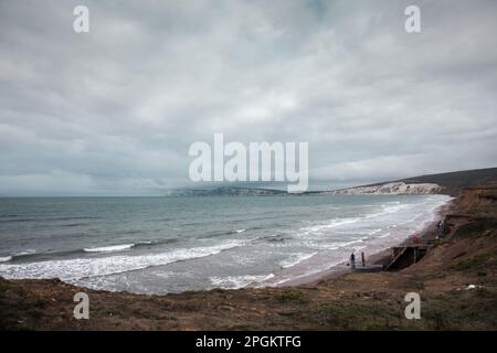 A high level view of Compton Bay, Freshwater in the Isle of Wight, UK. Stock Photo