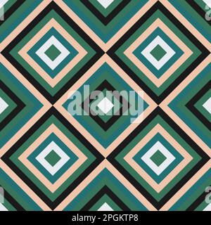 Seamless retro geometric pattern with squares that make movement illusion. Orange, green, turquoise, grey. For fabric, wrapping, etc. Stock Vector