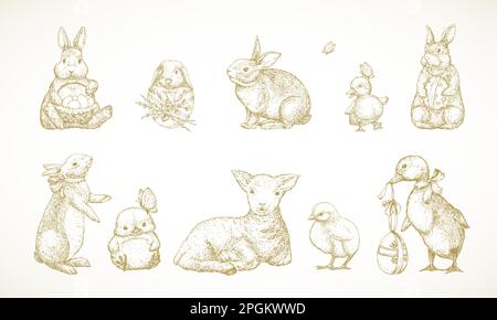Hand Drawn Cute Easter AnimalsVector Illustrations Set. Little Rabbits, Ducks Chicken and Lamb with Ribbons and Easter Eggs Sketches Collection Stock Vector