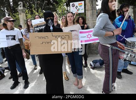 Jerusalem, Israel. 23rd Mar, 2023. Israelis protest for democracy and against Prime Minister Benjamin Netanyahu's judicial reforms on Thursday, in Jerusalem, March 23, 2023. Photo by Debbie Hill/ Credit: UPI/Alamy Live News Stock Photo