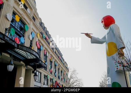 Paris, France. 06th Mar, 2023. A huge sculpture bearing the likeness of  Yayoi Kusama stands between the Maison Louis Vuitton headquarters and La  Samaritaine in Paris, France on March 6, 2026. An