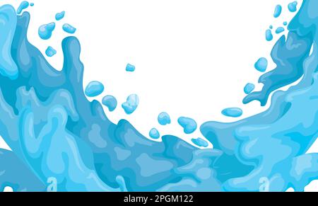 Abundant stream with splashes and drops of water. Blue liquid in cartoon style over white background. Stock Vector