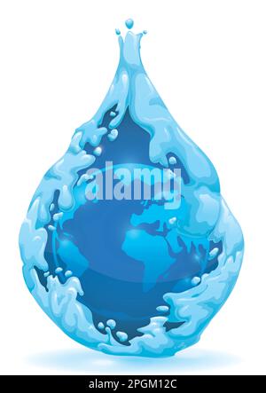 Blue design with drop-shaped water stream, covering a blue globe. Design in gradient style. Stock Vector
