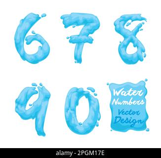 Set of numbers from six to zero with watery effect. Cartoon style design. Stock Vector