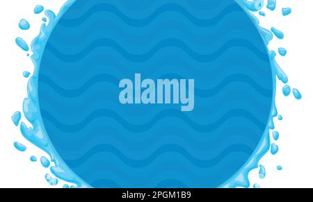 Blue template with round label decorated with wave pattern and water splashes in cartoon style. Stock Vector