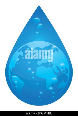 Isolated blue water drop with some rising bubbles and globe silhouette inside it. Design with gradient effect. Stock Vector