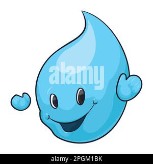 Blue water drop character with happy gesture and raised hands. Cartoon style design with outlines. Stock Vector