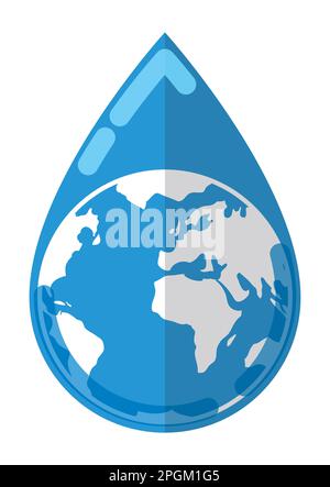 Isolated blue water drop with globe silhouette in flat style and lines for glows and shadows. Stock Vector