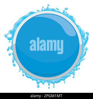 Watery template with blue shiny button, decorated with silver frame and water splashes. Cartoon style design. Stock Vector