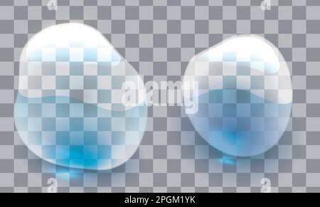 Set with two water drops with transparent effect over gray checkered background. Stock Vector