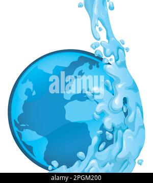 Blue button with globe inside and water stream splashing on it. Gradient style design. Stock Vector