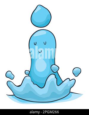 Blue water character like drop impact with cute gesture and droplet on head in cartoon style. Stock Vector