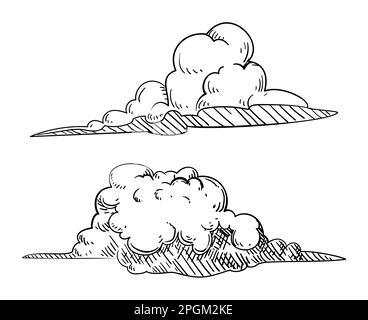 Pair of cumulus clouds in hand drawn style on white background. Stock Vector