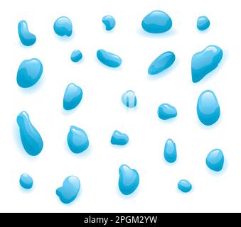 Assorted set with blue water drops in gradient effect over white background. Stock Vector