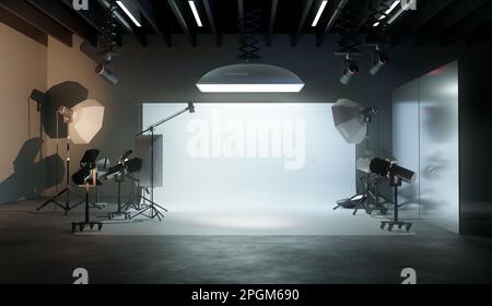 A large and professional photography studio room with lighting equipment. 3D illustration. Stock Photo