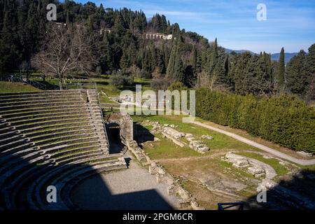 Roman theatre at Fiesole, originally an Etruscan town that overlooks the city of Florence - the bell tower a distinctive landmark on the hill. Stock Photo