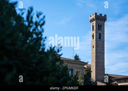 Fiesole, originally an Etruscan town, then Roman, that overlooks the city of Florence - the bell tower a distinctive landmark on the hill. Stock Photo