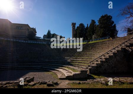 Fiesole, originally an Etruscan town, then Roman, that overlooks the city of Florence - the bell tower a distinctive landmark on the hill. Stock Photo