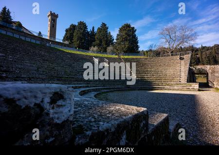 Fiesole, originally an Etruscan town, then Roman, that overlooks the city of Florence - the bell tower a distinctive landmark on the hill. Stock Photo