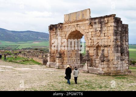 The Arch of Caracalla, built in 217 by the city's governor Marcus Aurelius Volubilis Archaeological Site,  Morocco Stock Photo