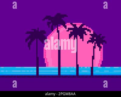 Palm trees at sunset in pixel art style. 8 bit landscape of palm trees on the shore in the style of 90s video games. Design for print, banner and app. Stock Vector