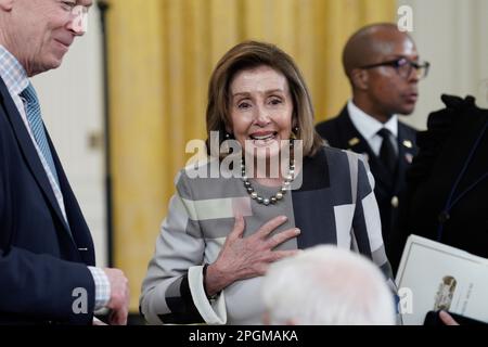 Washington, USA. 23rd Mar, 2023. Former House Speaker Nancy Pelosi attends an anniversary event for the Affordable Care Act in the East Room at the White House in Washington on March 23, 2023. Photo by Yuri Gripas/Pool/Sipa USA Credit: Sipa USA/Alamy Live News Stock Photo