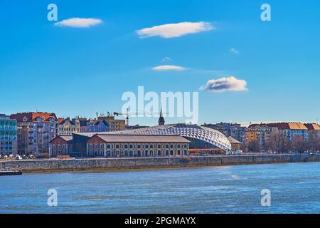 The scenic modern Balna center, located on the opposite bank of Danube River in Pest district, Budapest, Hungary Stock Photo