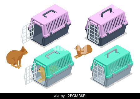 Isometric cat in a soft carrier on the floor . Cat carrier with the open and closed door. Stock Vector