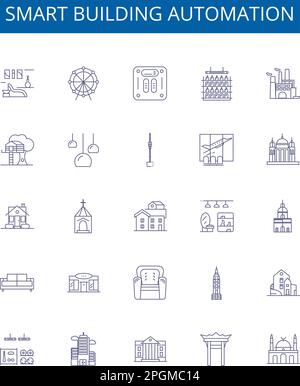 Smart building automation line icons signs set. Design collection of Smart, Building, Automation, IoT, Energy-efficiency, Voice-recognition, Sensors Stock Vector