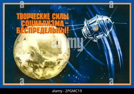 Soviet Russian 1950s USSR Space Propaganda poster illustrating space race technology with a Sputnik Satellite in space with the moon close by, as part of the Soviet Space Program. Poster captioned 'THE CREATIVE FORCES OF SOCIALISM ARE LIMITLESS !' Stock Photo