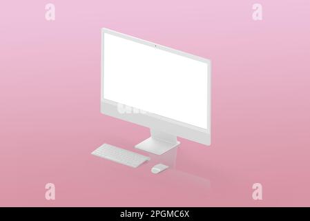 Isometric white display, keyboard and mouse on pink suirface. Isolated screen for mockup, app or web page presentation Stock Photo
