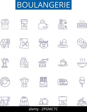 Boulangerie line icons signs set. Design collection of Bakery, Patisserie, Bread, Croissant, Cookies, Viennoiserie, Cake, Tart outline concept vector Stock Vector