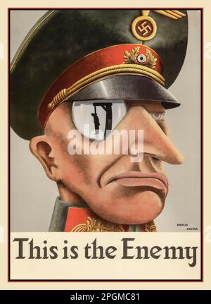 Vintage WW2 1940s anti Nazi Propaganda Poster featuring a caricature Nazi officer wearing an officers hat with swastika with a monocle reflecting a man hung on a scaffold. Caption THIS IS THE ENEMY' A prize winning poster in the USA Stock Photo