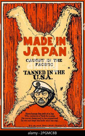Vintage WW2 1940s Ant-Japanese Propaganda Poster, 'MADE IN JAPAN caught in the Pacific, TANNED IN THE USA ' featuring a cartoon caricature of a Japanese Naval officer as a trophy animal.. World War II Second World War The war in the Pacific between the USA and Imperial Japan, which ended in a humiliating surrender by the Japanese. Stock Photo