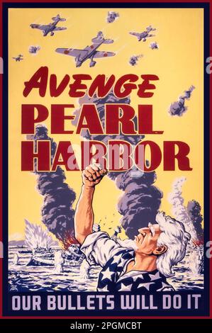PEARL HARBOR 1940s  Anti Japanese 'AVENGE PEARL HARBOR'  USA American WW2 Propaganda Poster with an 'Uncle Sam' character shaking his fist at the bombing Japanese planes, with American Navy ships sinking under the surprise bombardment. Caption 'AVENGE PEARL HARBOR our bullets will do it' Second World War World War II War in the Pacific December 7th 1941 Stock Photo