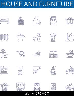 House and furniture line icons signs set. Design collection of house, furniture, home, decor, design, style, space, room outline concept vector Stock Vector