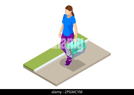 Cat in a soft carrier on the floor. Isometric woman is transporting a cat in a special plastic cage or carrying the bag for a walk or in a veterinary Stock Vector