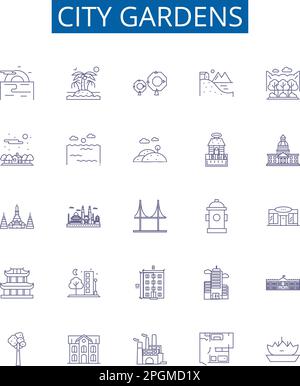 City gardens line icons signs set. Design collection of Urban, Park, Green, Plaza, Vegetation, Lawns, Paths, Walkways outline concept vector Stock Vector