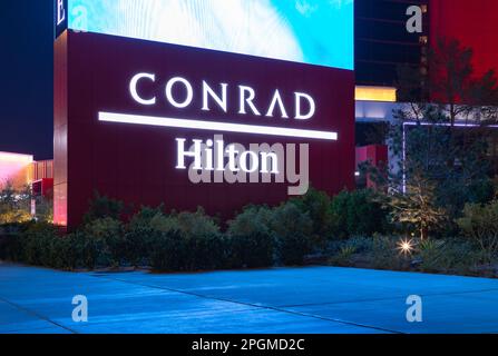 Conrad Hilton sign, Resorts World, Las Vegas, Nevada Stock Photo - Alamy