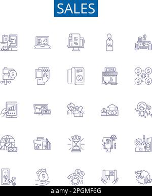 Sales line icons signs set. Design collection of Sales, Merchandising, Profits, Purchasing, Retailing, Marketability, Shipping, Advertising outline Stock Vector