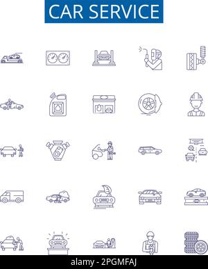 Car service line icons signs set. Design collection of Automotive, Repair, Maintenance, Tune up, Diagnostics, Waxing, Oil, Change outline concept Stock Vector